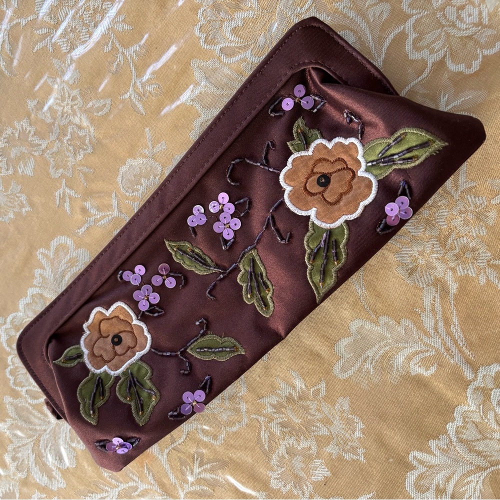 Brown Satin Clutch Purse Appliqued Floral Beaded Evening Zippered Bag